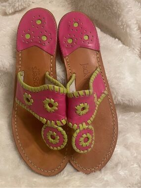 Jack Rogers Jacks Flat Sandals in a vibrant Fuchsia Pink and Lime Green